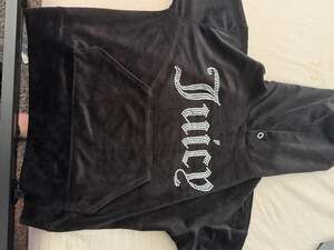 Juicy Couture Black Velour Rhinestone Logo Pullover Hoodie Size S